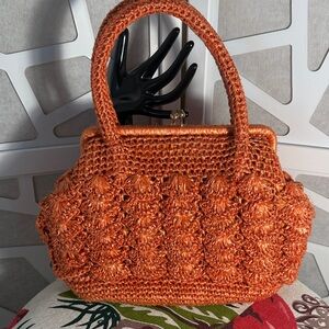 Vintage Orange Raffia Satchel Bag